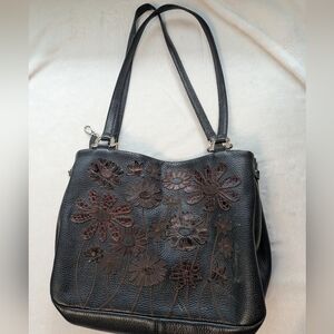 Floral Embroidered Black Leather Bag